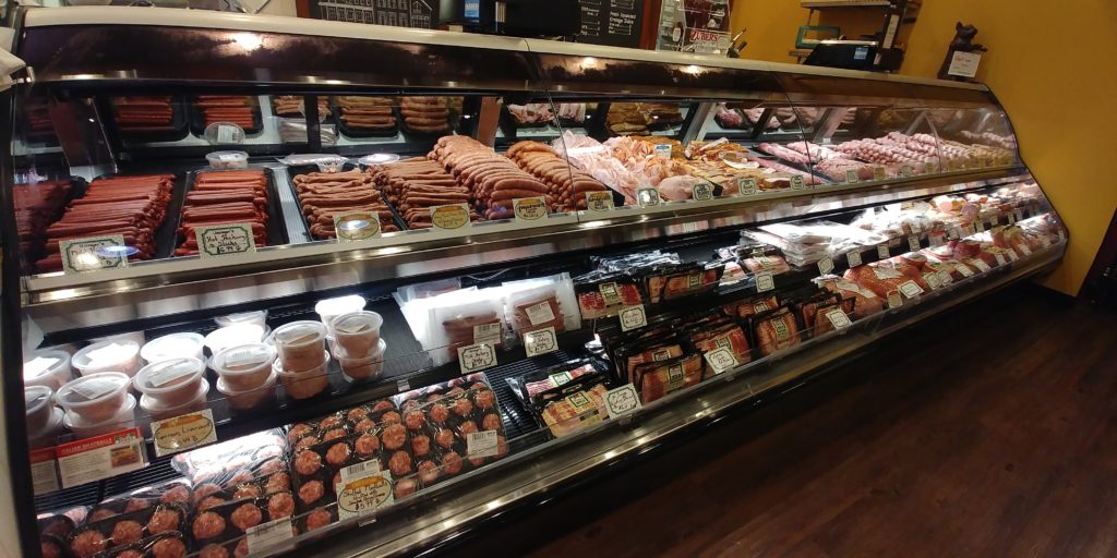 Jones Market Deli Meat Case Fresh Pork Chops, Ribs, Sausage, Bacon